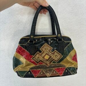 Vintage‎ Patchwork Satchel Bag Black Faux Leather Crocodile Print Handbag Purse